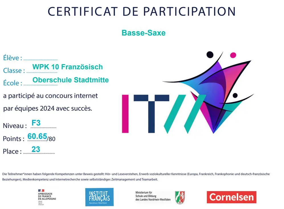Erfolgreiche Teilnahme am französischen Internetteamwettbewerb!